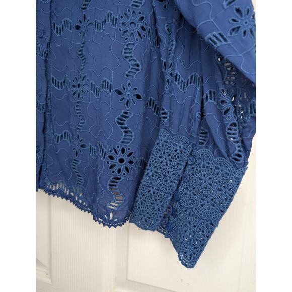 Johnny Was Jade Marina Joy Rayon Shirt Blue Eyelet Button Down Long Sleeve - Picture 8 of 9